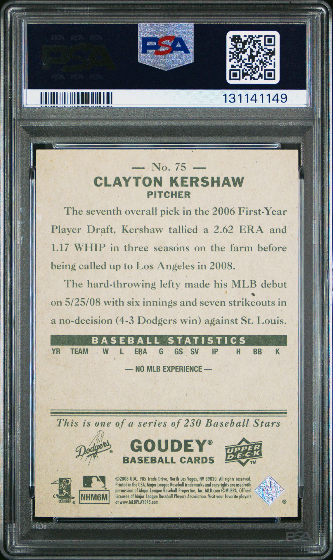 2008 Upper Deck Goudey Clayton Kershaw #75 Mint 9 back