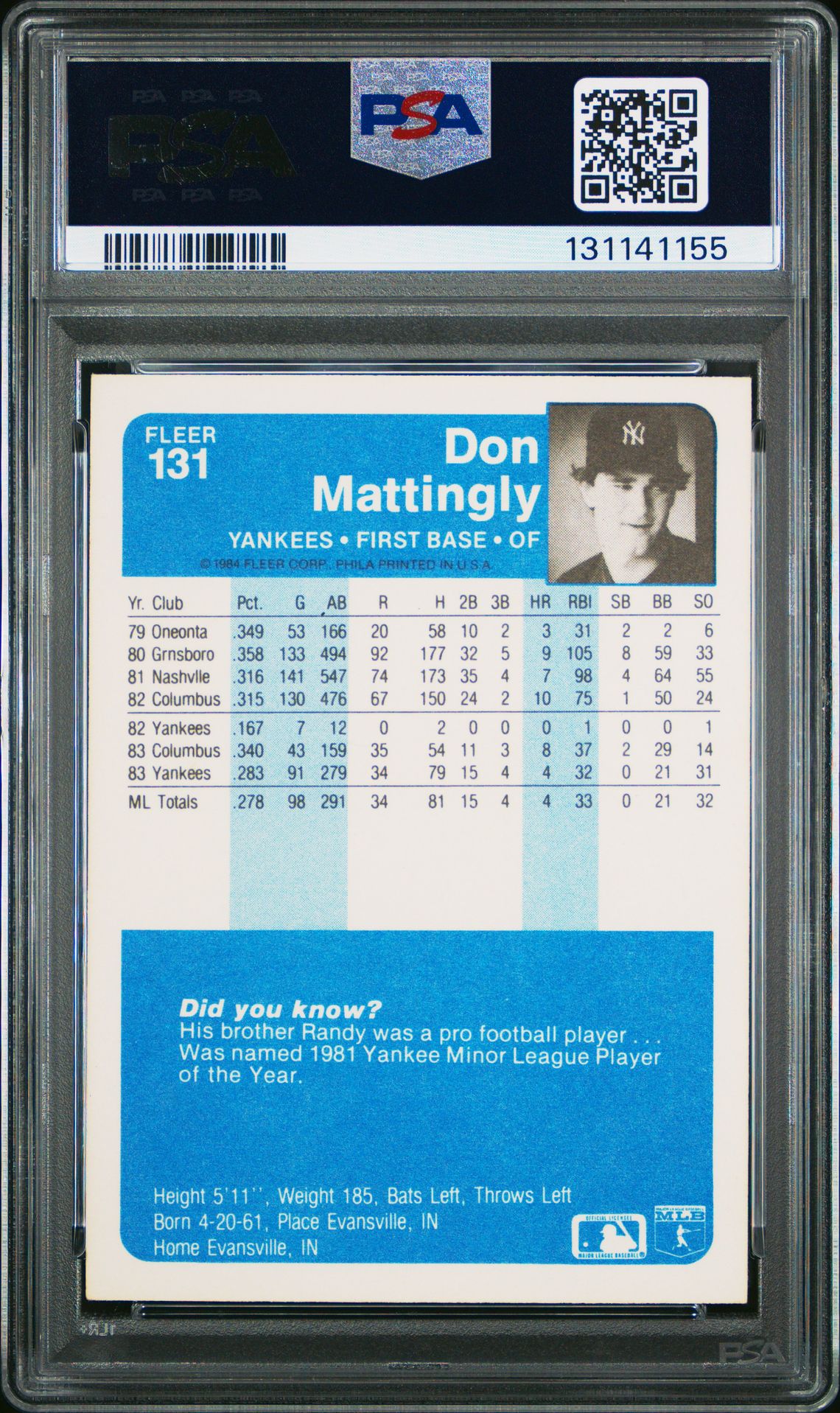 1984 Fleer Don Mattingly #131 Ex-Mt 6 back