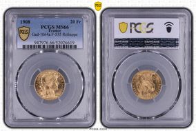 "1908" 20 Fr Gad-1064a F-535 Refrappe MS66