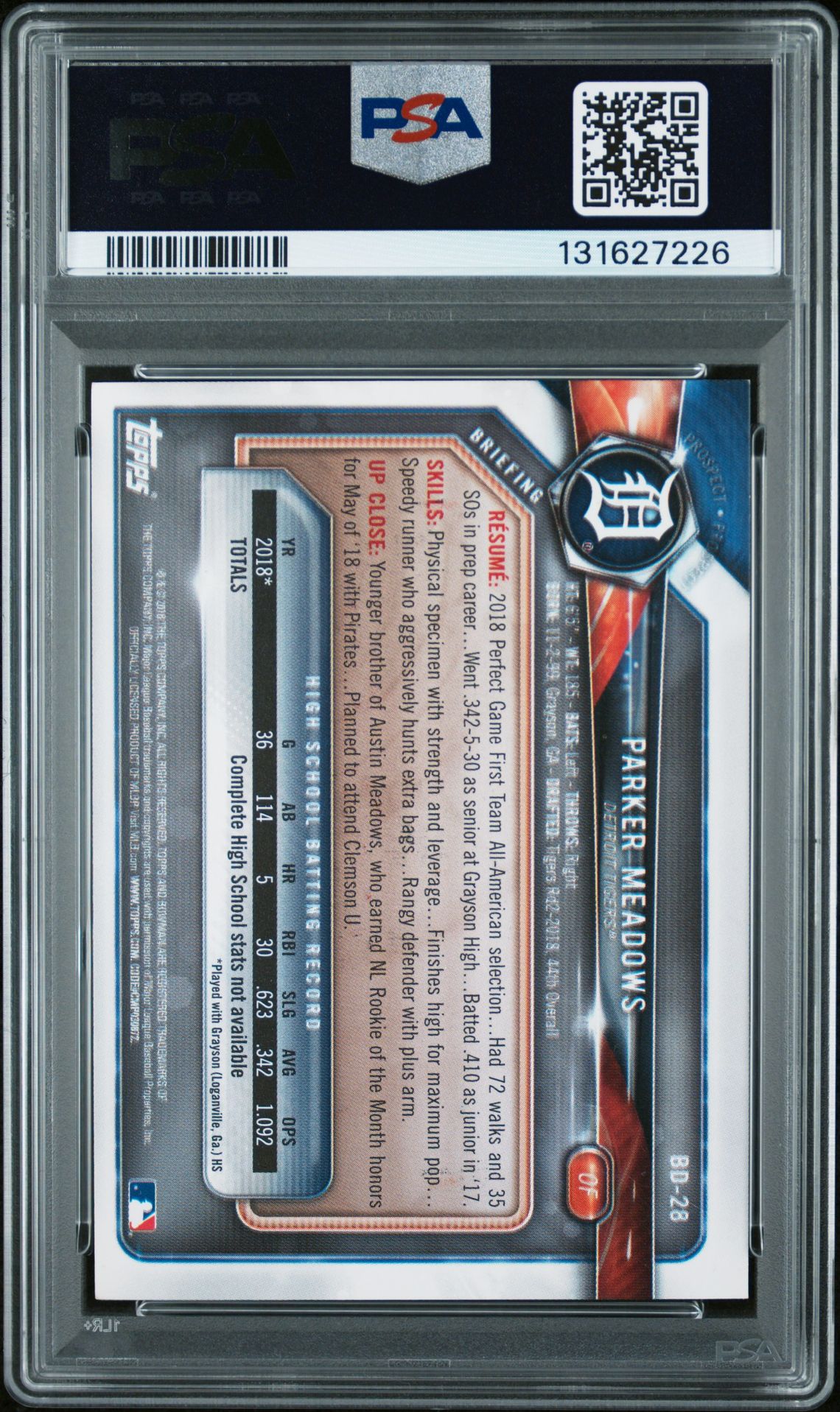 2018 Bowman Draft Parker Meadows #Bd28 N0: Authentic back