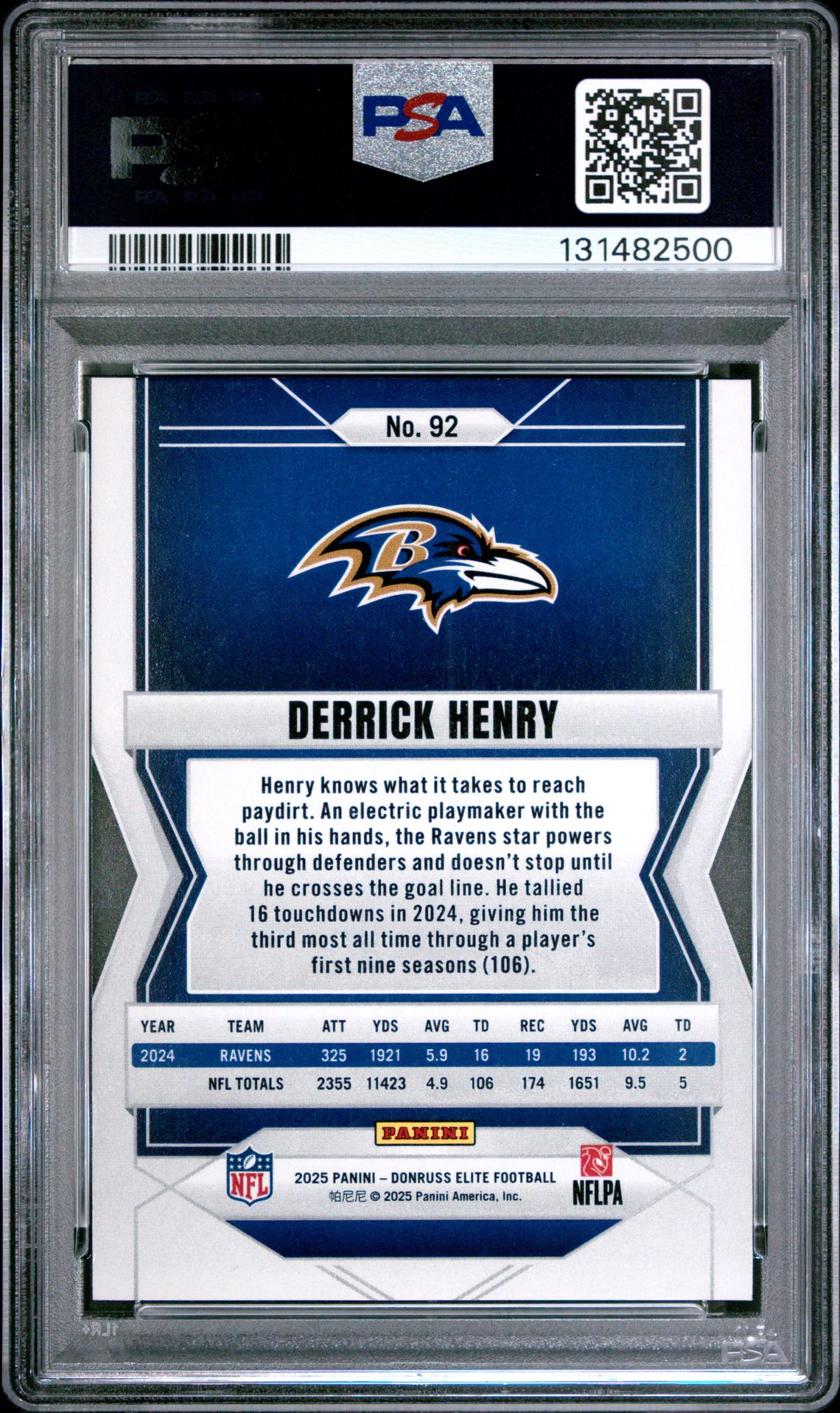 2025 Panini Donruss Elite Derrick Henry #92 (Status Metallic Orange) Gem Mt 10 back