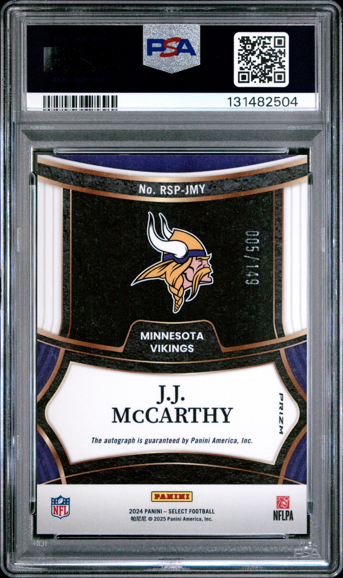 2024 Panini Select Rookie Signatures Jj Mccarthy #Rspjmy (Rookie Sig-Blue Prizm) Mint 9 back