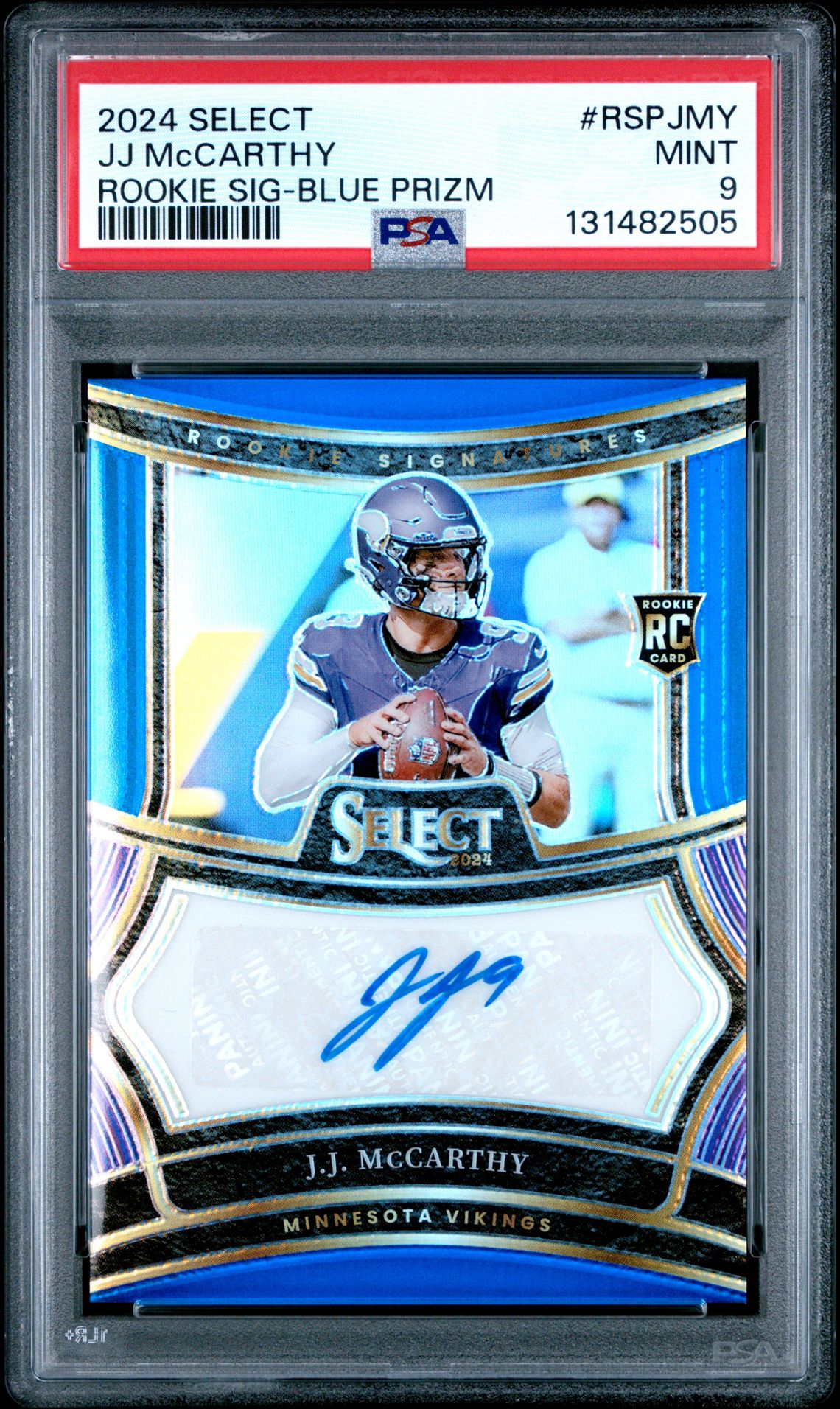 2024 Panini Select Rookie Signatures Jj Mccarthy #Rspjmy (Rookie Sig-Blue Prizm) Mint 9 front