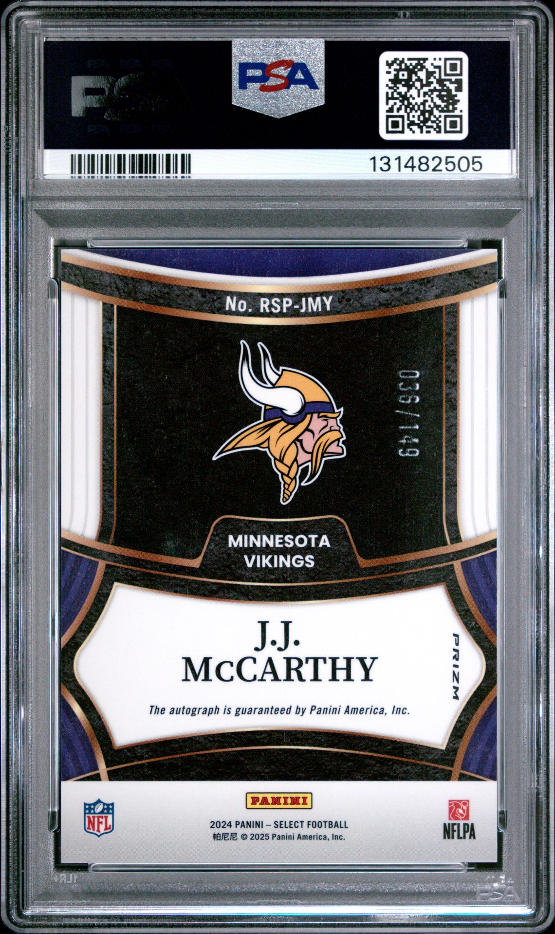 2024 Panini Select Rookie Signatures Jj Mccarthy #Rspjmy (Rookie Sig-Blue Prizm) Mint 9 back
