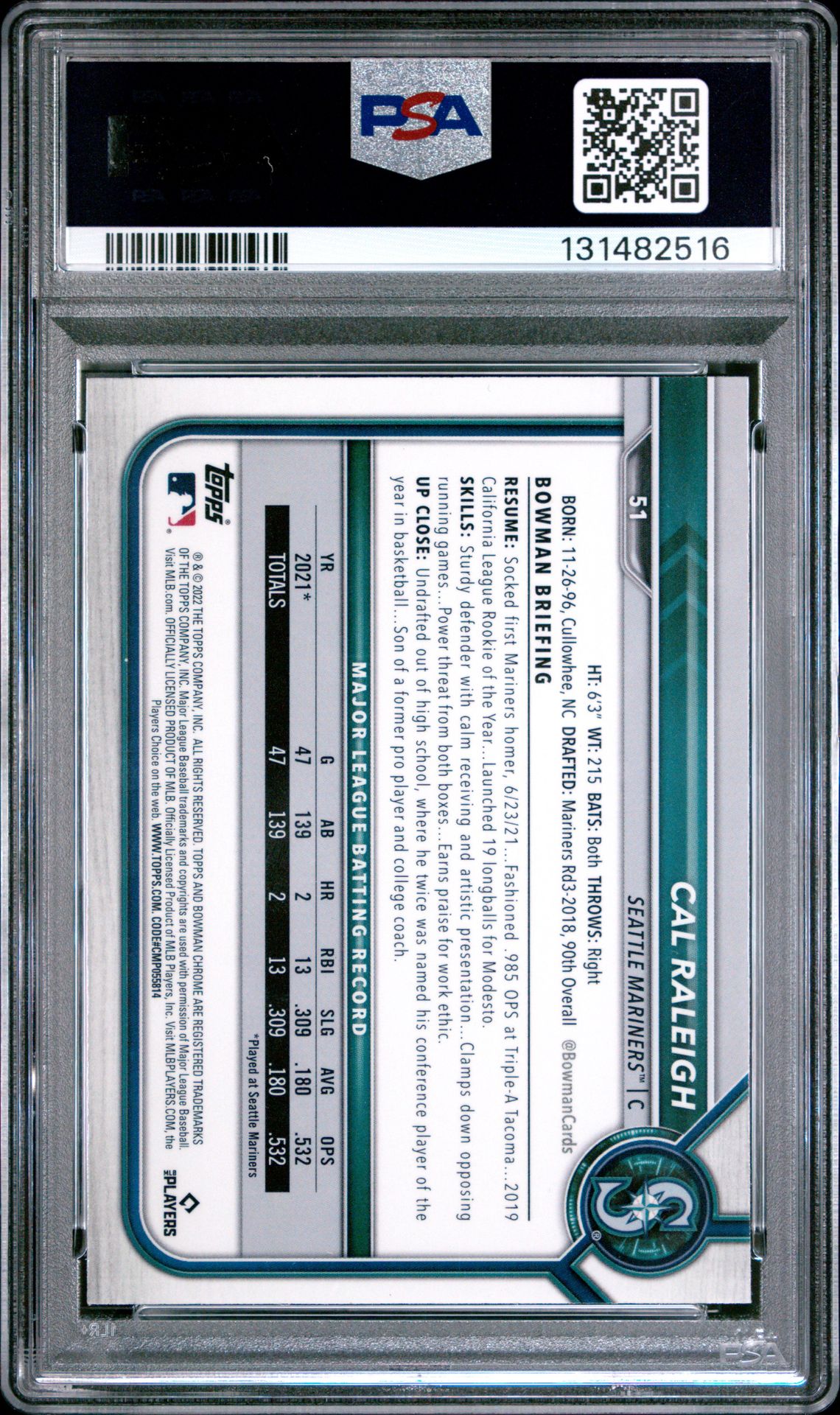 2022 Bowman Chrome Cal Raleigh #51 Gem Mt 10 back