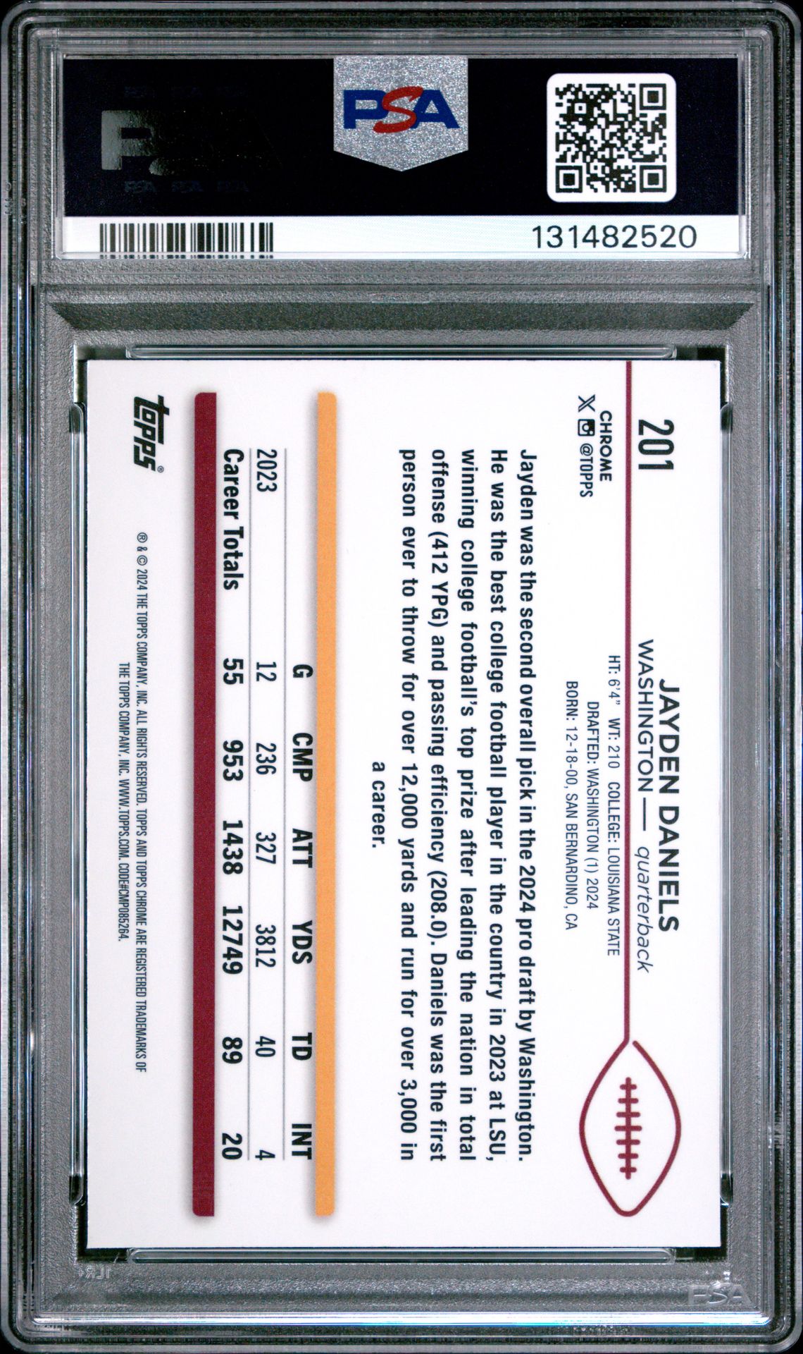 2024 Topps Chrome Jayden Daniels #201 (Sepia Refractor) Mint 9 back