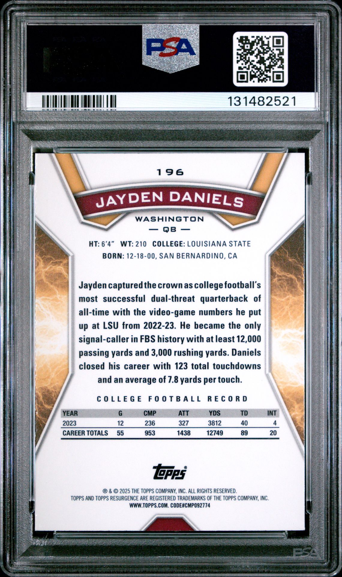 2024 Topps Resurgence Jayden Daniels #196 Gem Mt 10 back