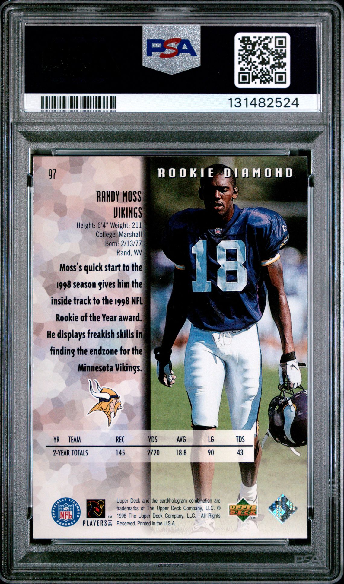 1998 Upper Deck Black Diamond Rookies Randy Moss #97 (Rookies-Single) Mint 9 back