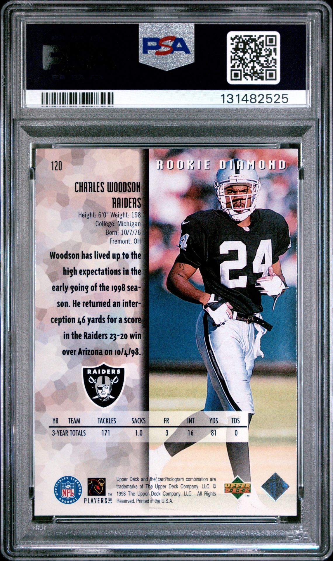 1998 Upper Deck Black Diamond Rookies Charles Woodson #120 (Rookies-Single) Mint 9 back