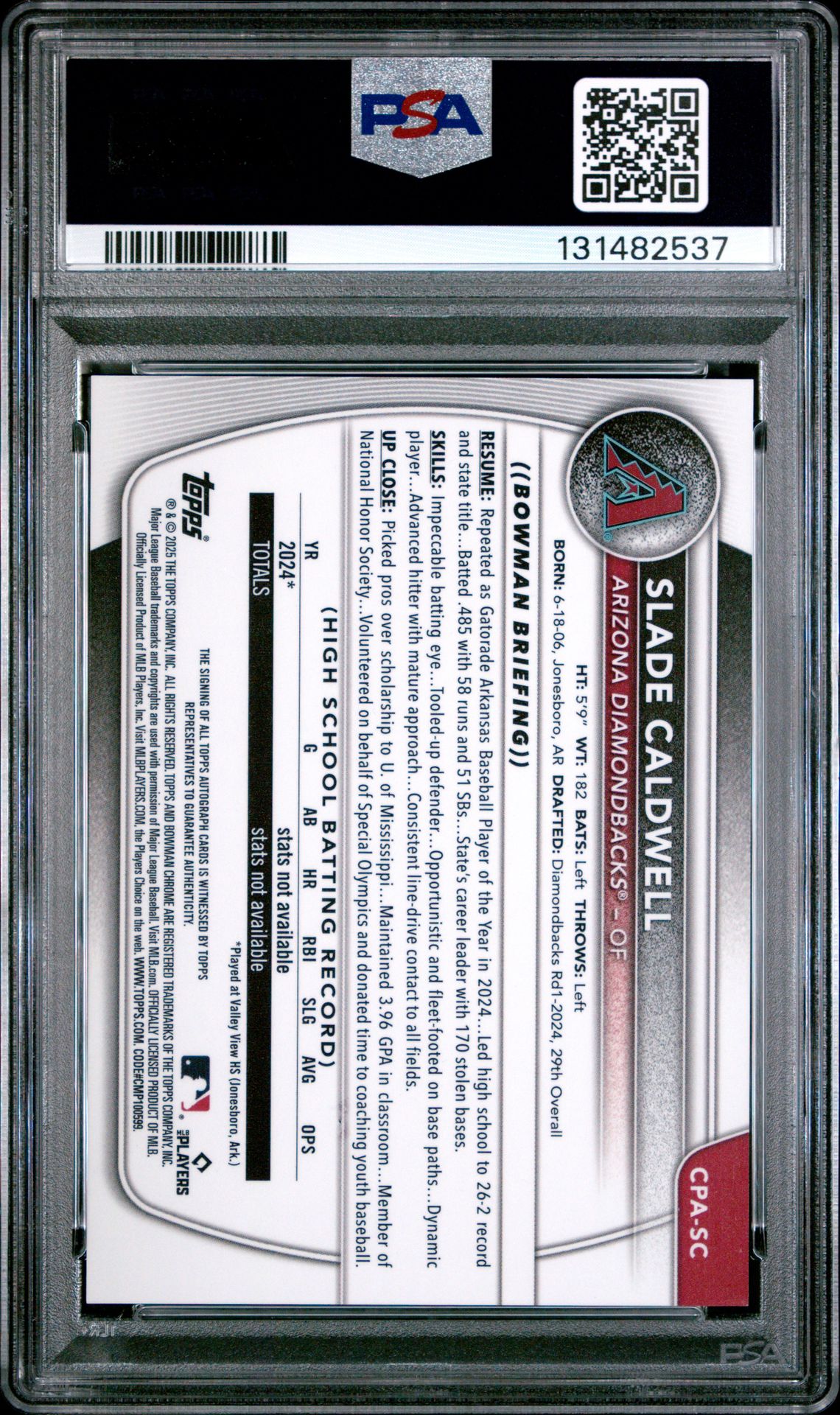 2025 Bowman Chrome Prospect Autographs Slade Caldwell #Cpasc Gem Mt 10 back