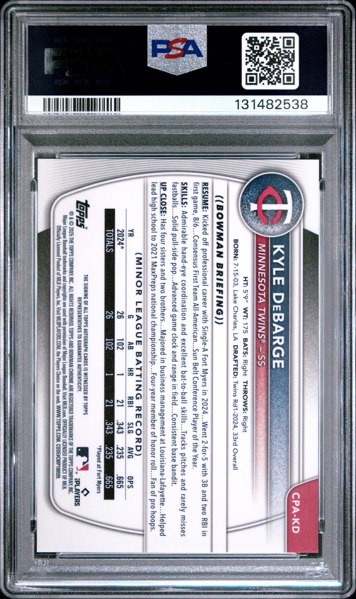 2025 Bowman Chrome Prospect Autographs Kyle Debarge #Cpakd Mint 9 back