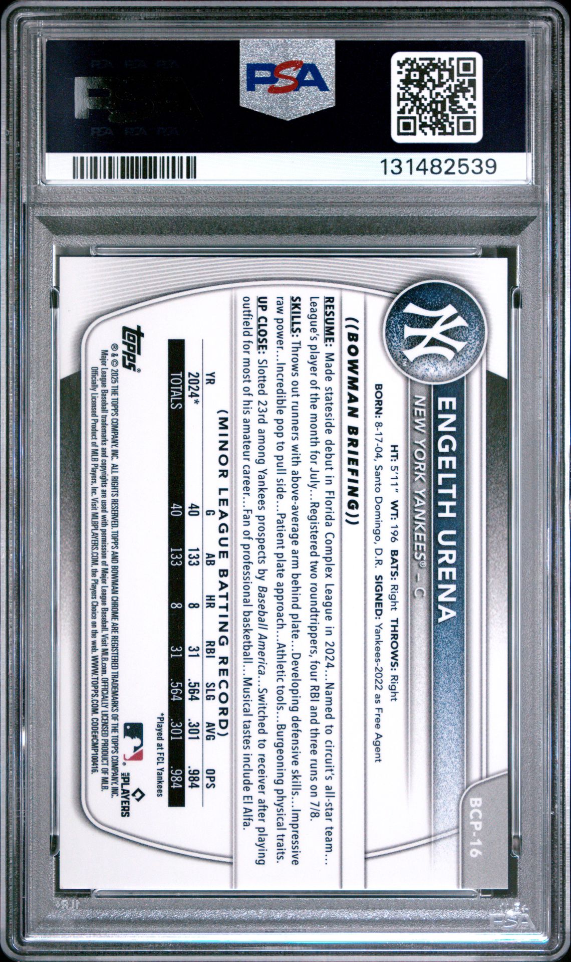 2025 Bowman Chrome Prospects Engelth Urena #Bcp16 (Chrome Pros-Gold Ref) Gem Mt 10 back