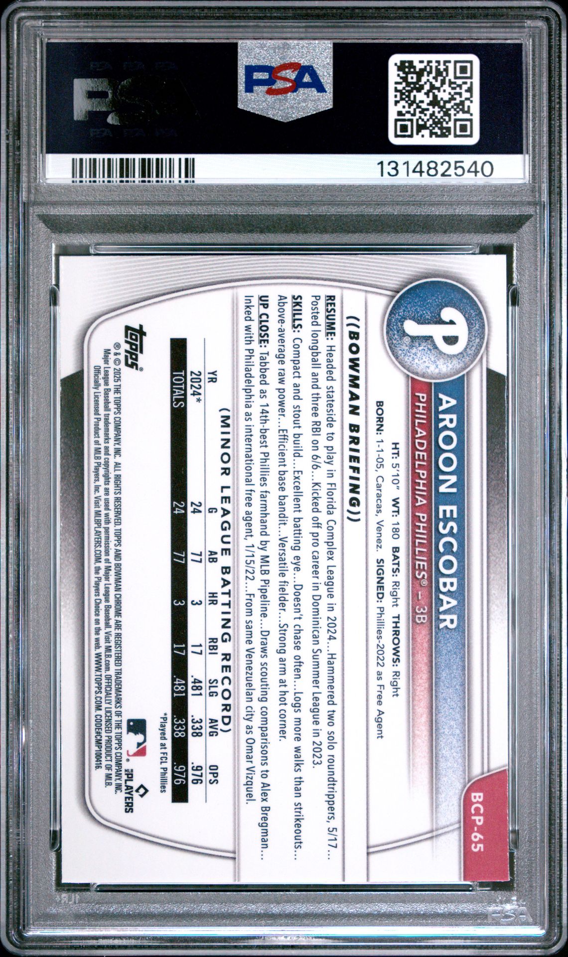 2025 Bowman Chrome Prospects Aroon Escobar #Bcp65 Gem Mt 10 back