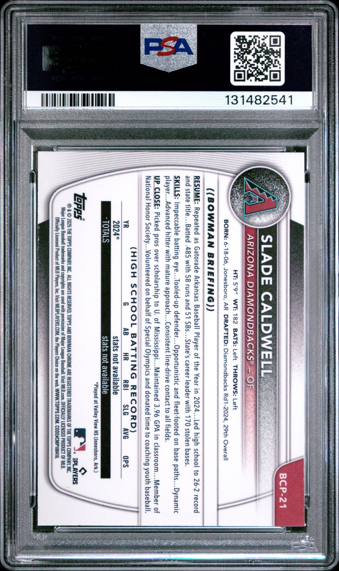 2025 Bowman Chrome Prospects Slade Caldwell #Bcp21 Gem Mt 10 back