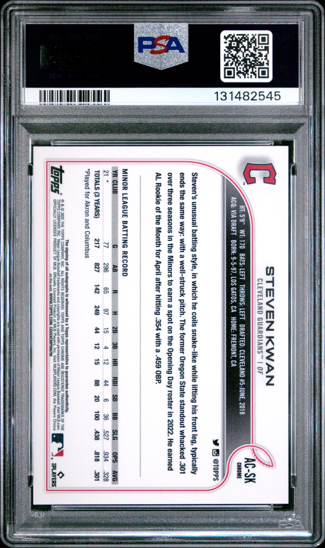 2022 Topps Chrome Update Autographs Steven Kwan #Acsk (Autographs) Gem Mt 10 back