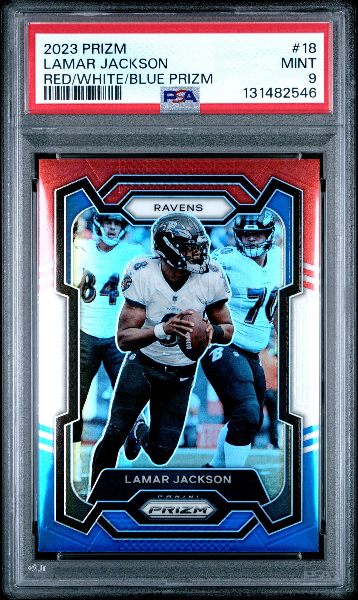 2023 Panini Prizm Lamar Jackson #18 (Red/White/Blue Prizm) Mint 9 front