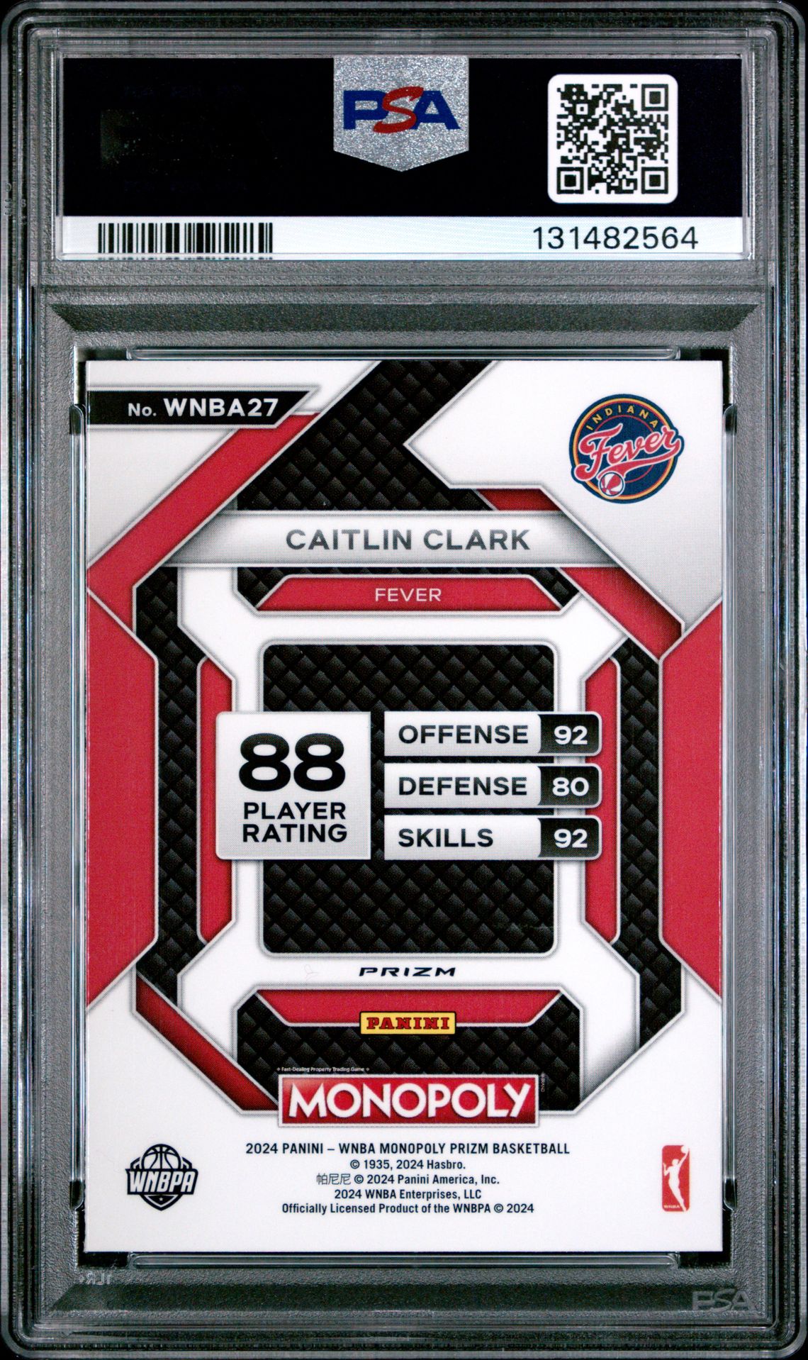2024 Panini Prizm Monopoly Wnba Insert Caitlin Clark #27 (Insert-Silver Prizm) Gem Mt 10 back view - PSA certificate #131482564