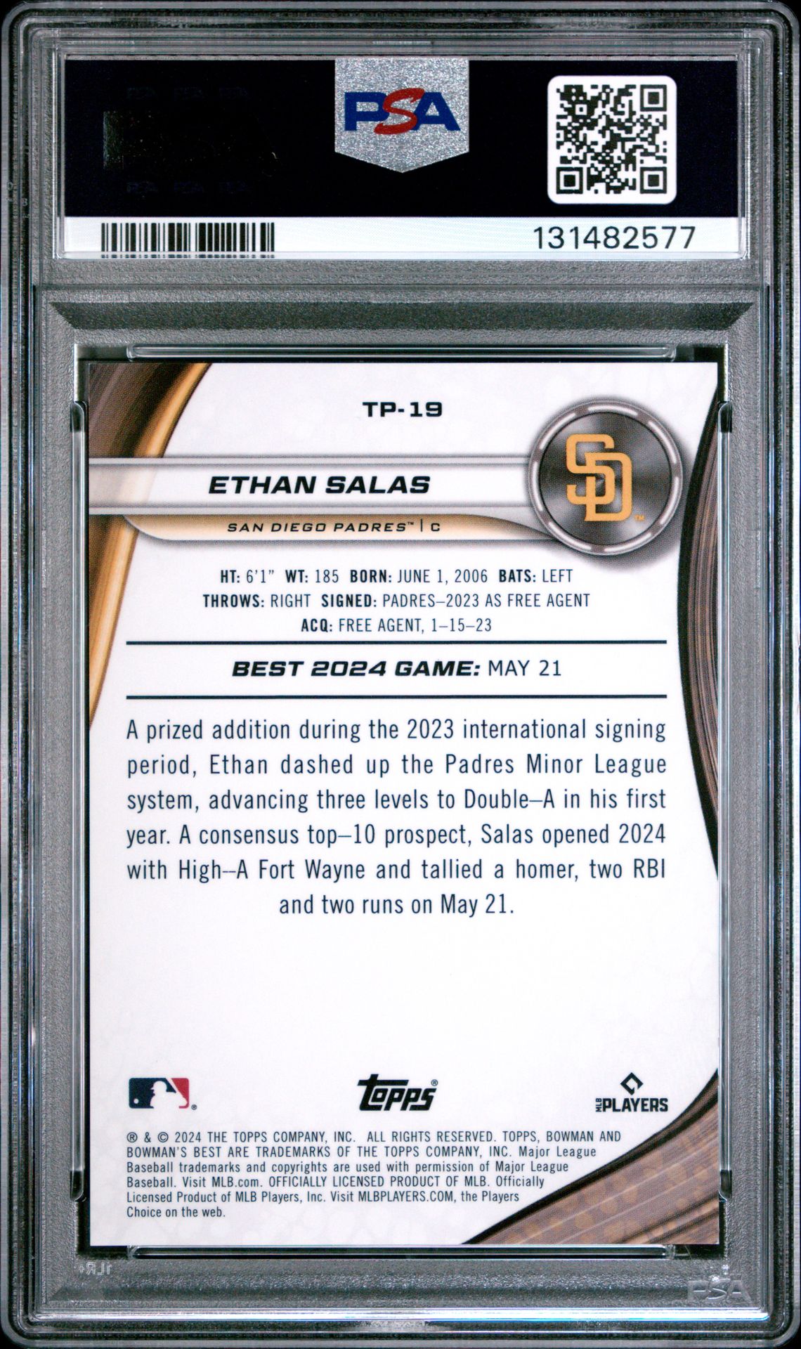 2024 Bowman's Best Top Prospects Ethan Salas #Tp19 (Top Prospects-Black Ref) Gem Mt 10 back