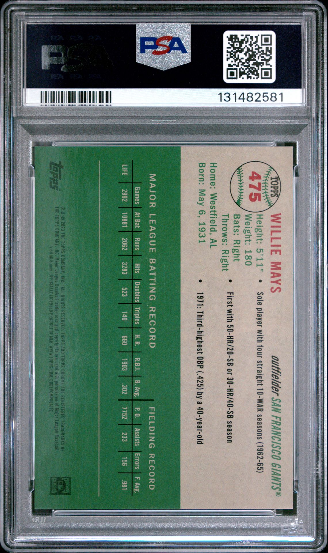 2023 Topps Chrome Platinum Anniversary Willie Mays #475 (Gold Refractor) Gem Mt 10 back