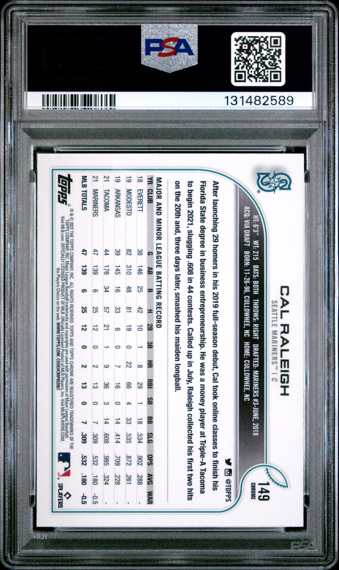 2022 Topps Chrome Cal Raleigh #149 (Pink Refractor) Mint 9 back