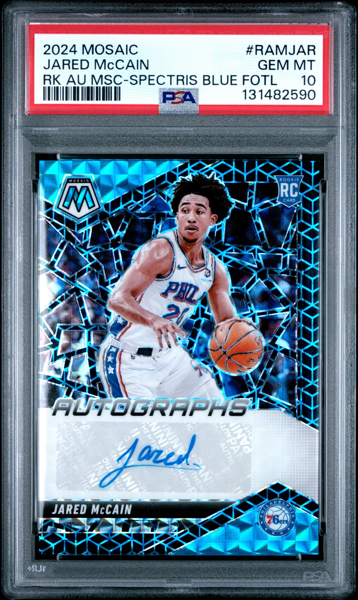 2024 Panini Mosaic Rookie Autographs Mosaic Jared Mccain #Ramjar (Rk Au Msc-Spectris Blue Fotl) Gem Mt 10 front
