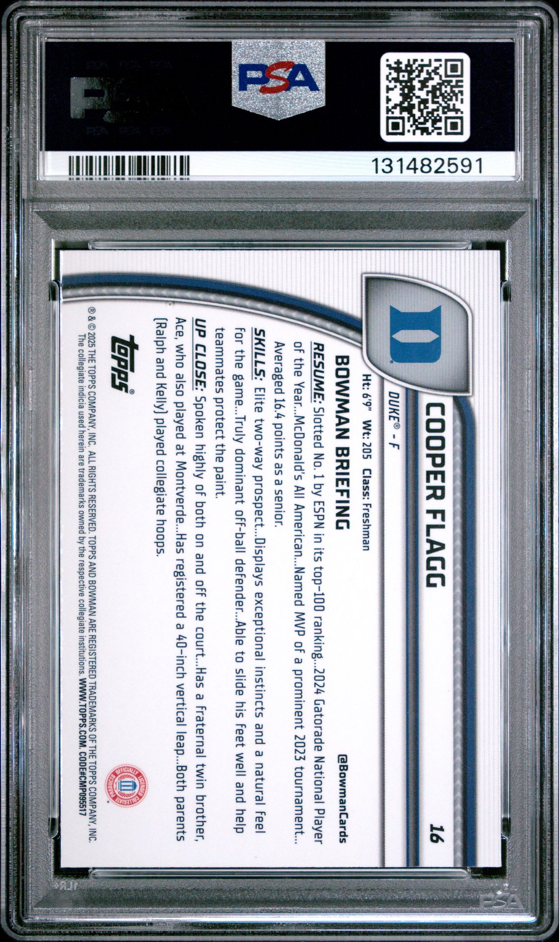 2024 Bowman Chrome University Cooper Flagg #16 (Purple Lava) Gem Mt 10 back