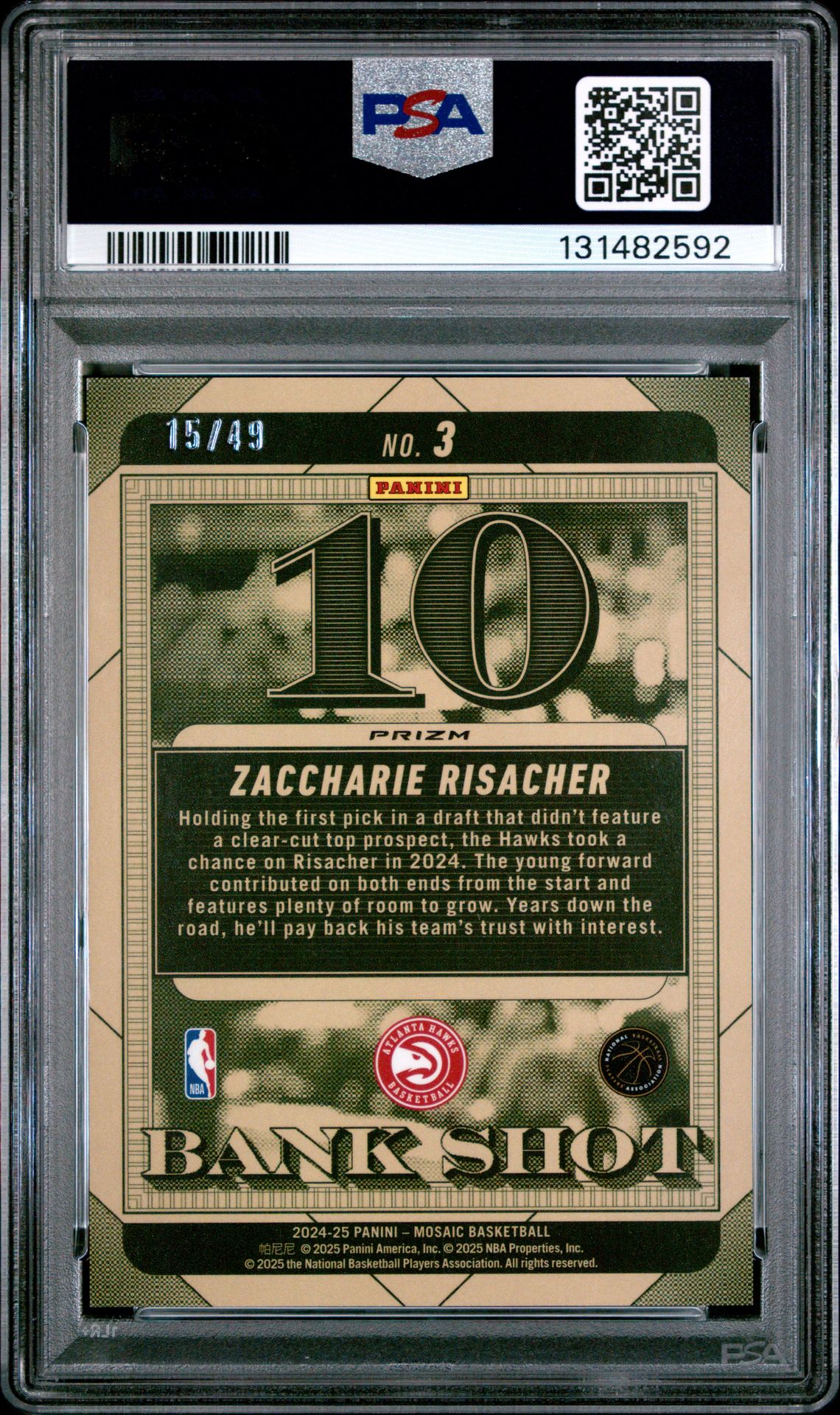 2024 Panini Mosaic Bank Shot Zaccharie Risacher #3 (Bank Shot-Orange) Gem Mt 10 back