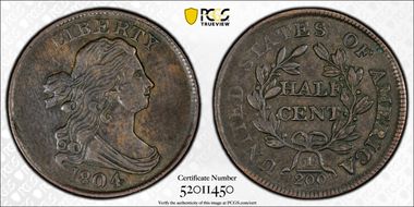 1804 1/2C Plain 4, No Stems AU50BN