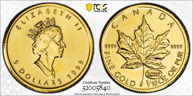 1999 $5 Maple Leaf Au 20 Years ANS Privy MS68