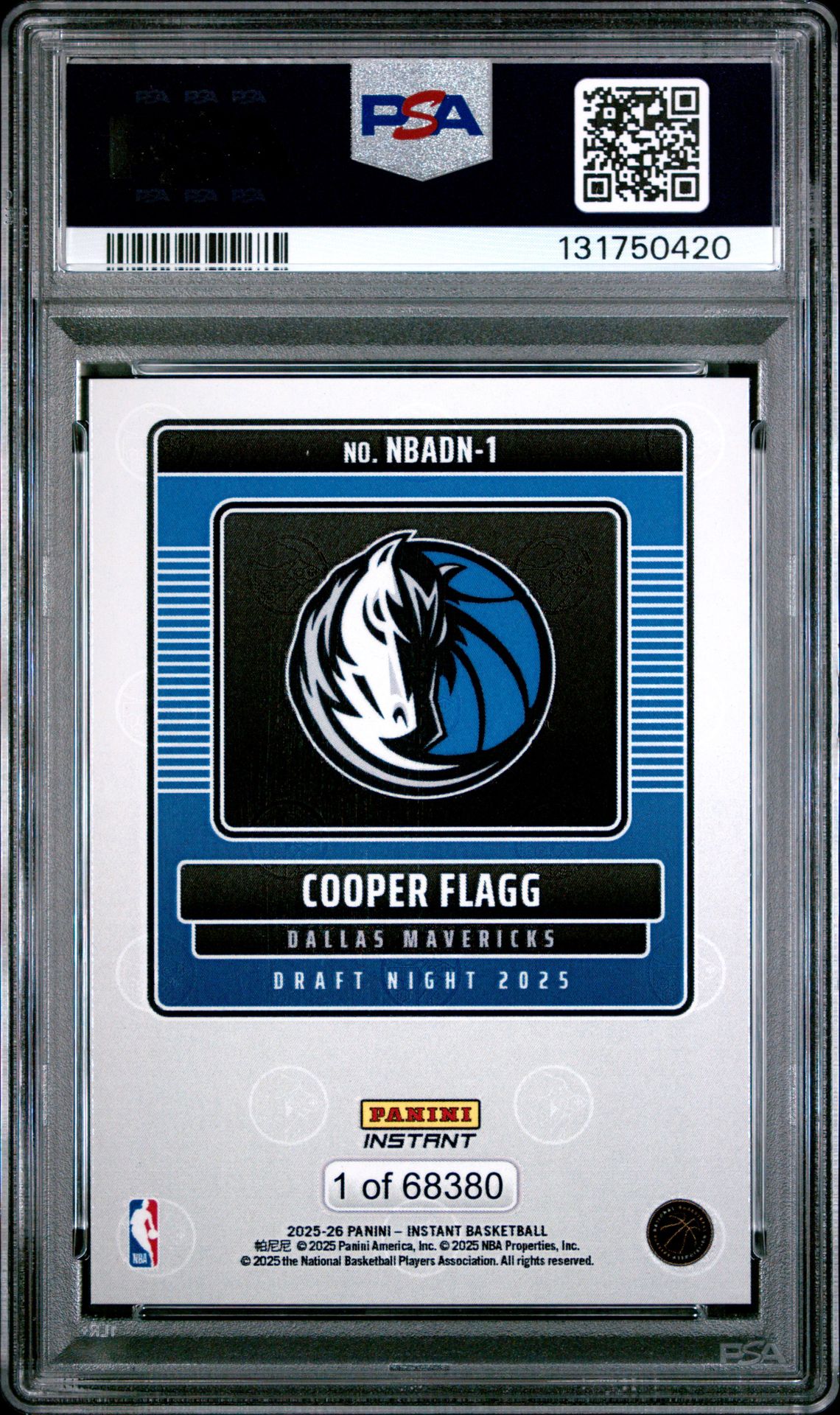 2025 Panini Instant Nba Draft Night Cooper Flagg #1 Gem Mt 10 back view - PSA certificate #131750420