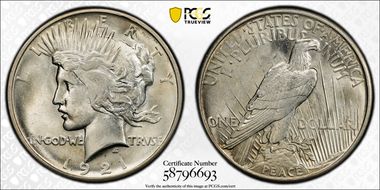 1921 $1 High Relief, Peace AU58