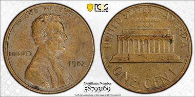 1982 1C Bronze, Small Date AU55BN