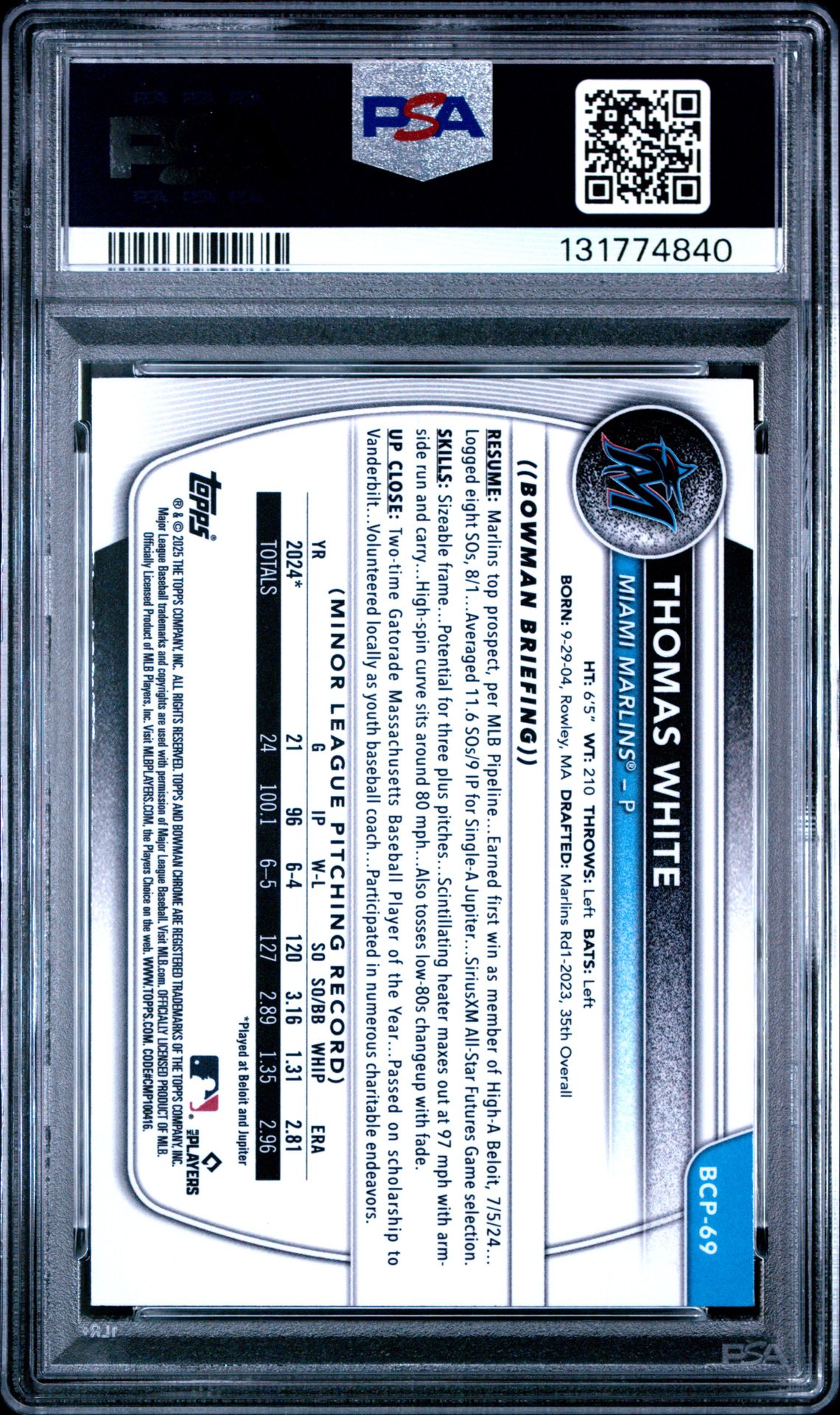 2025 Bowman Chrome Prospects Thomas White #Bcp69 (Chrome Pros-Reptilian Ref) Nm-Mt 8 back