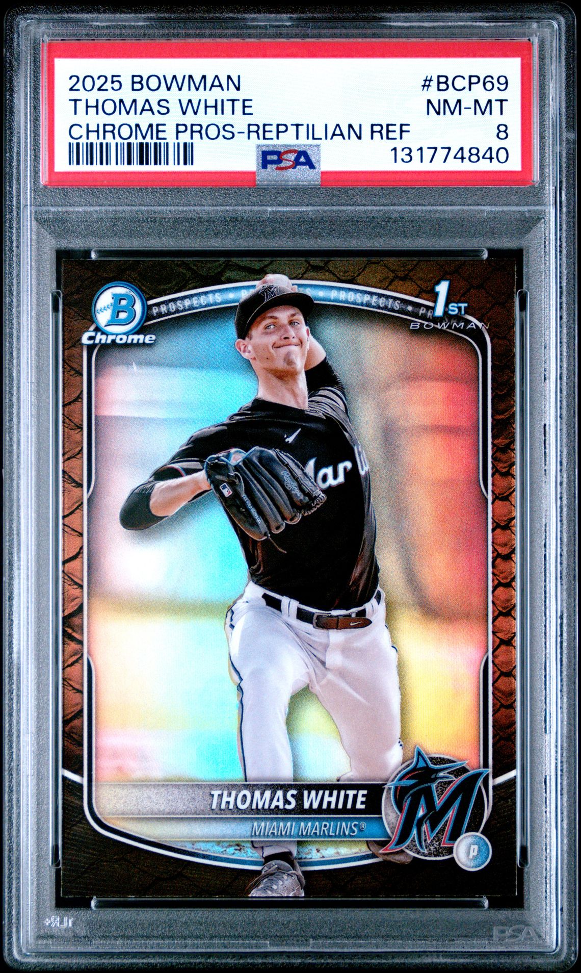 2025 Bowman Chrome Prospects Thomas White #Bcp69 (Chrome Pros-Reptilian Ref) Nm-Mt 8 front