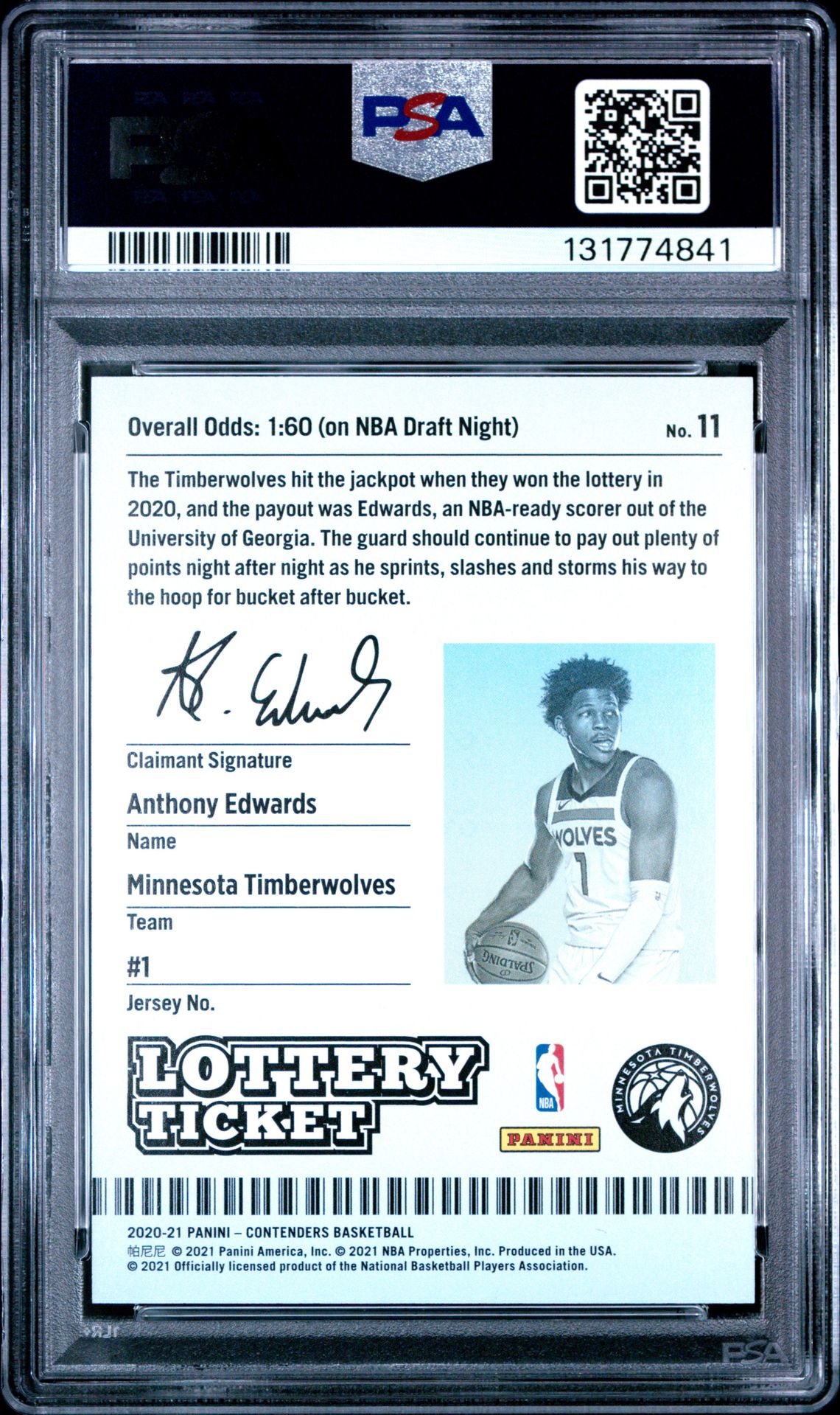 2020 Panini Contenders Lottery Ticket Anthony Edwards #11 (Lottery Ticket) Mint 9 back