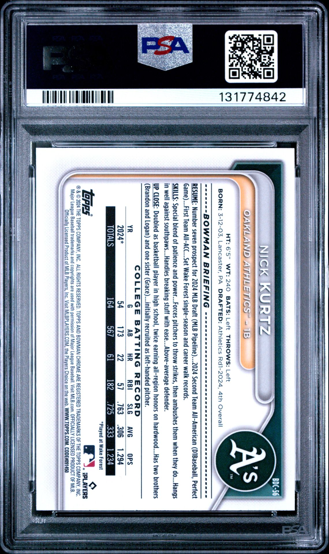 2024 Bowman Draft Nick Kurtz #Bdc56 (Chrome) Mint 9 back