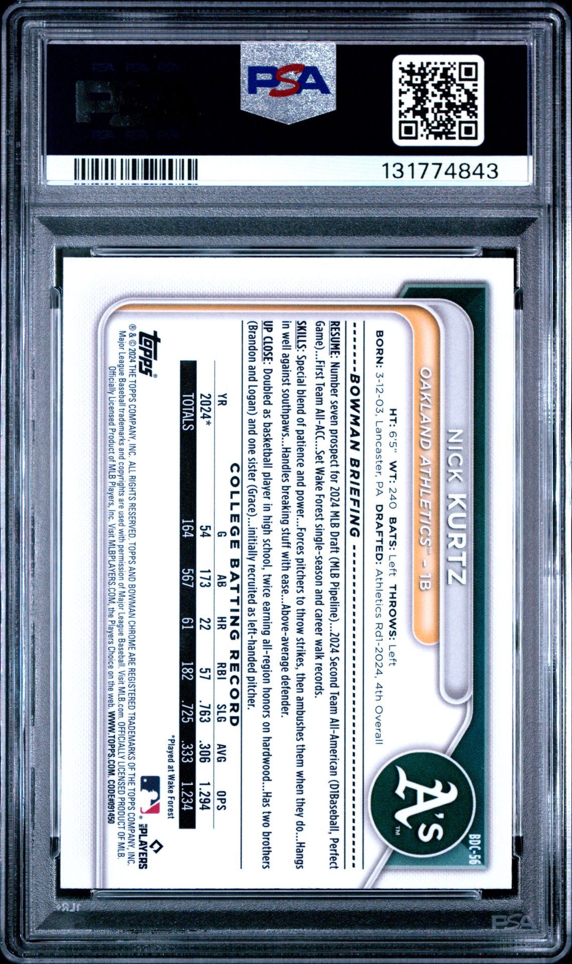 2024 Bowman Draft Nick Kurtz #Bdc56 (Chrome) Gem Mt 10 back