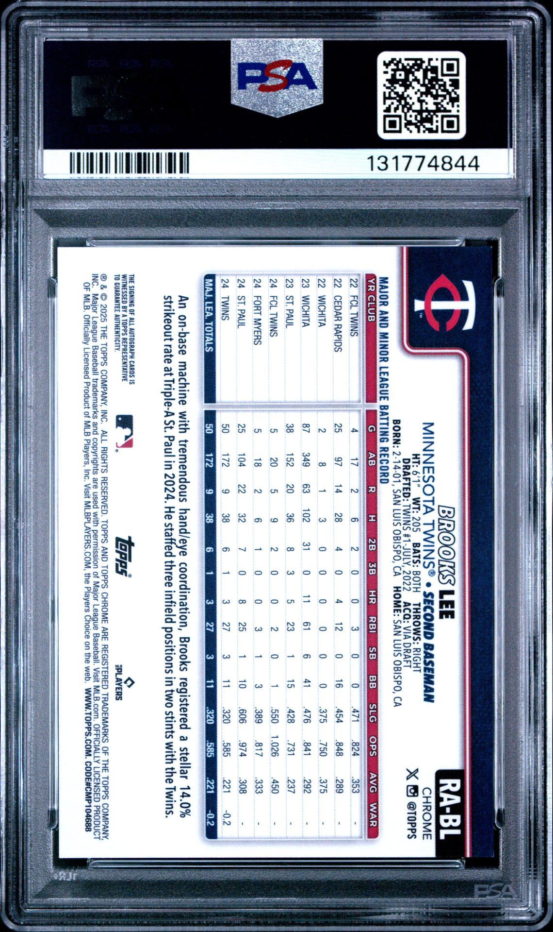 2025 Topps Chrome Rookie Autographs Brooks Lee #Rabl (Rookie Autograph-Blue Ref) Nm-Mt 8 back