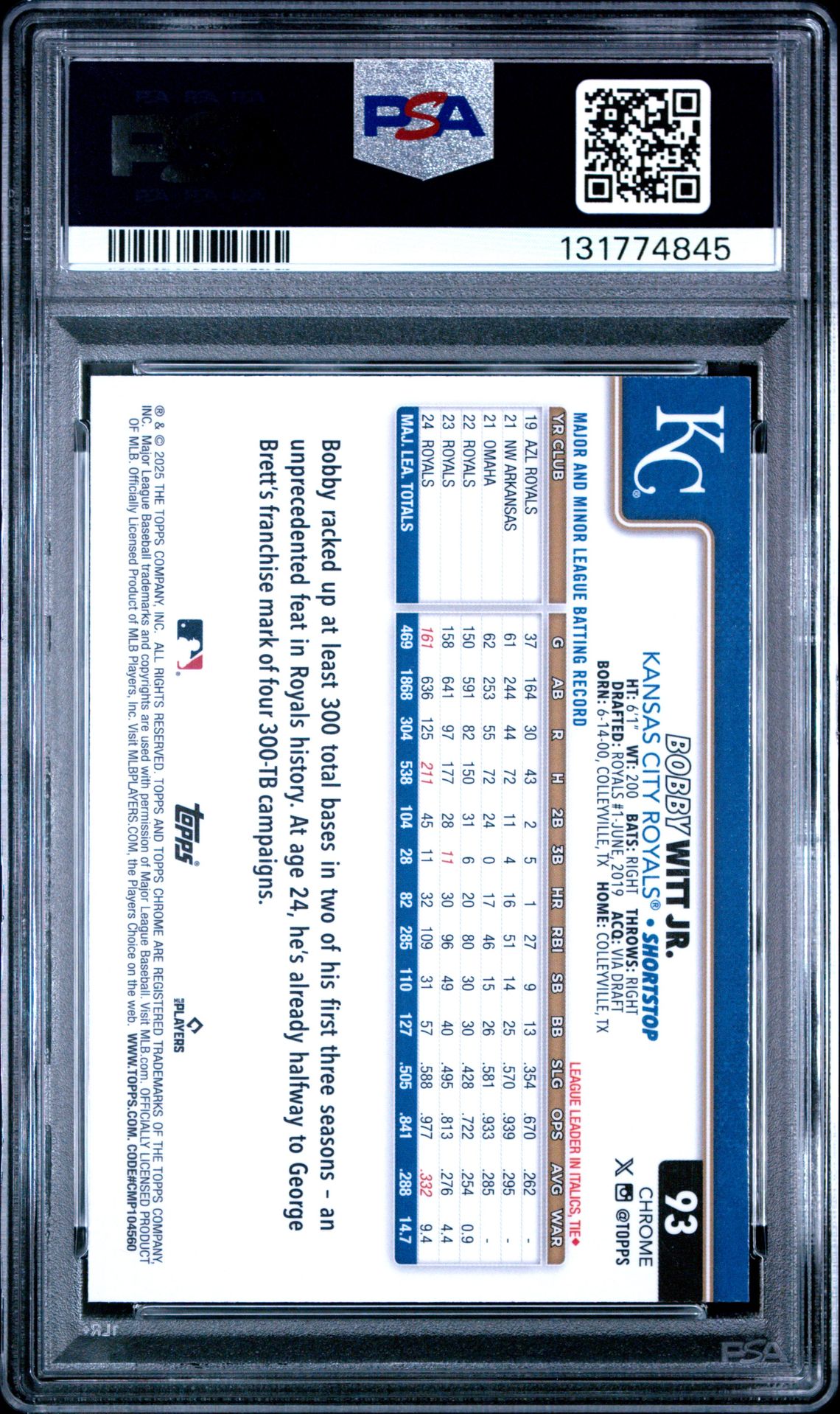 2025 Topps Chrome Bobby Witt Jr. #93 (Variation) Mint 9 back