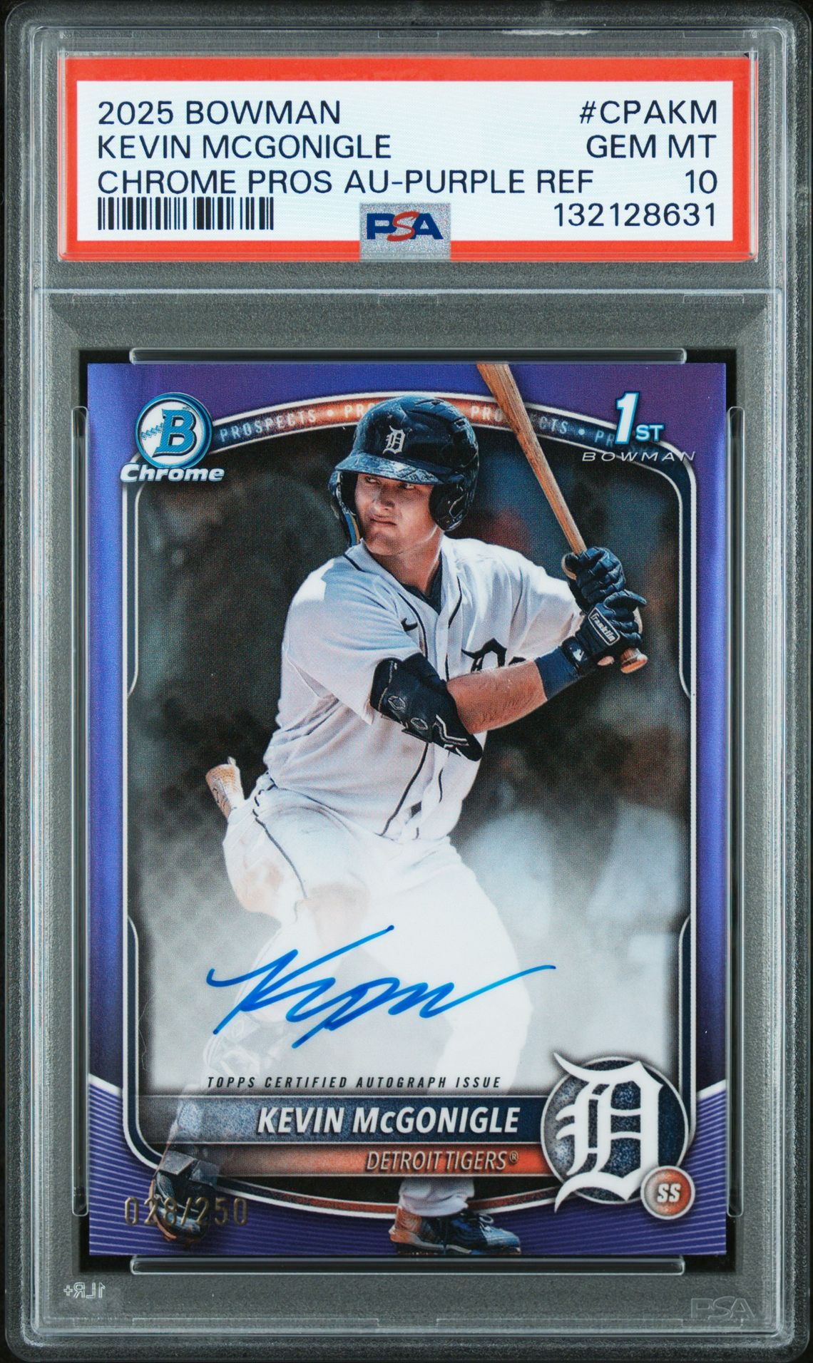 2025 Bowman BOWMAN CHROME PROSPECT AUTOGRAPHS CHROME PROS AU-PURPLE REF #CPAKM Kevin Mcgonigle front