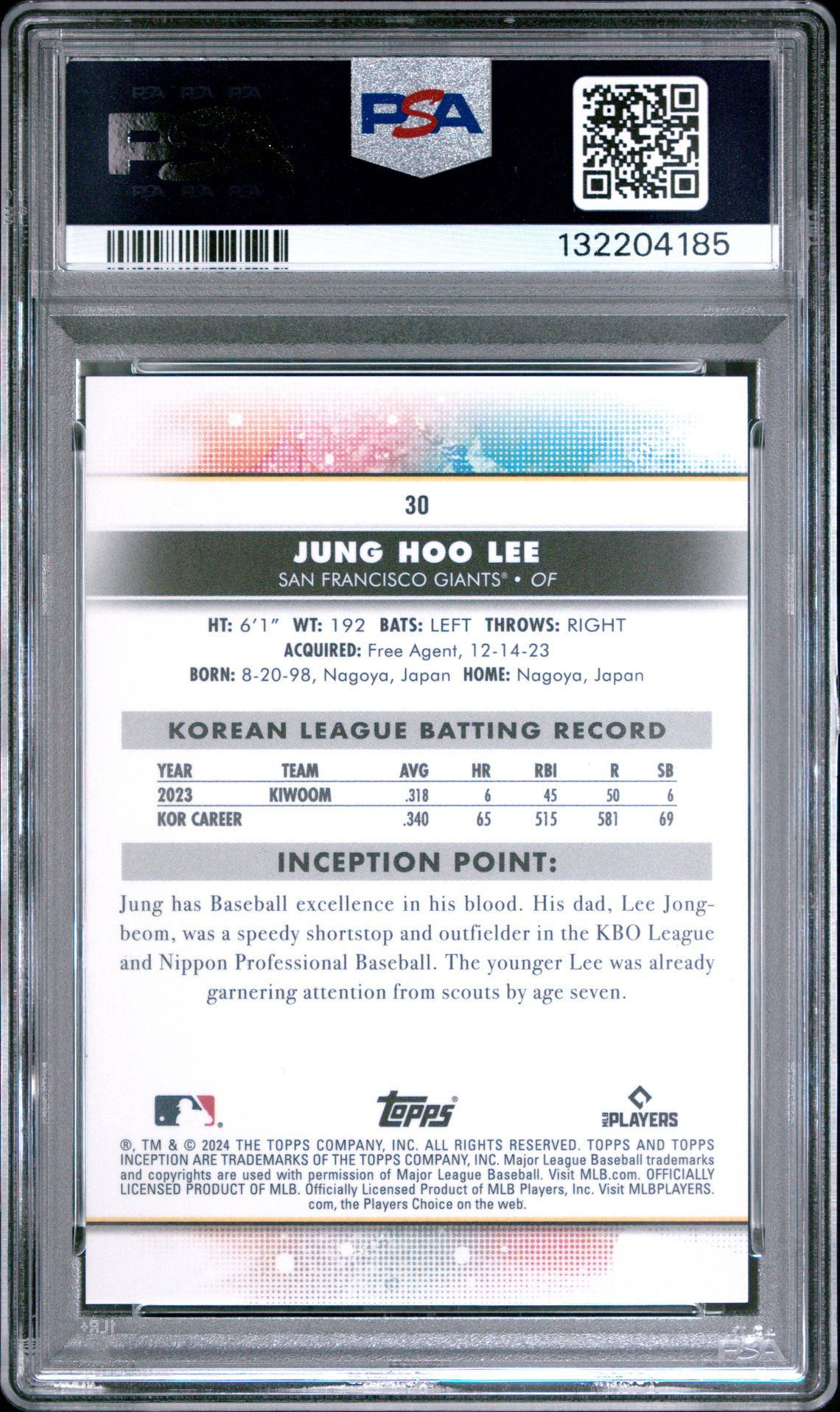 2024 Topps Inception Jung Hoo Lee #30 (Red) Gem Mt 10 back