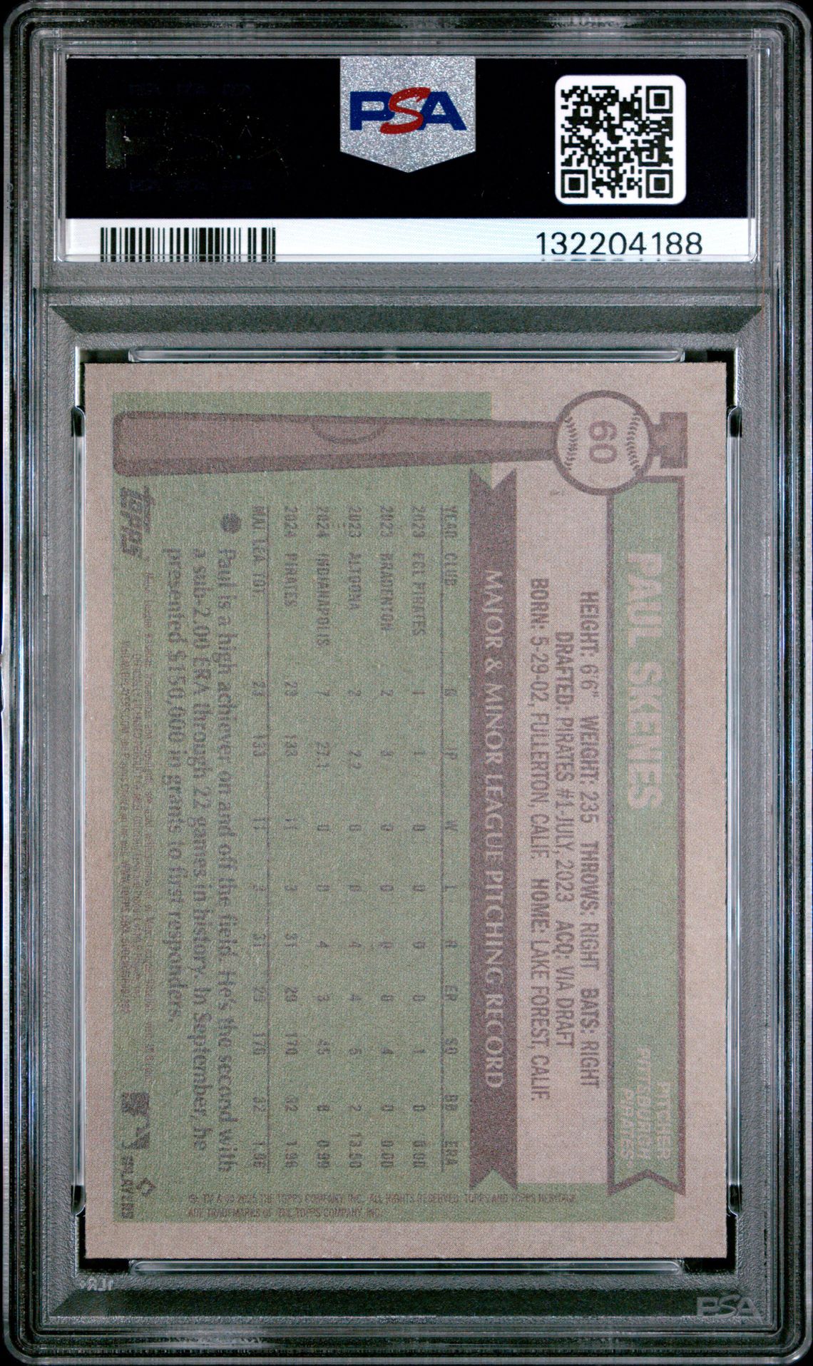 2025 Topps Heritage Paul Skenes #60 Gem Mt 10 back