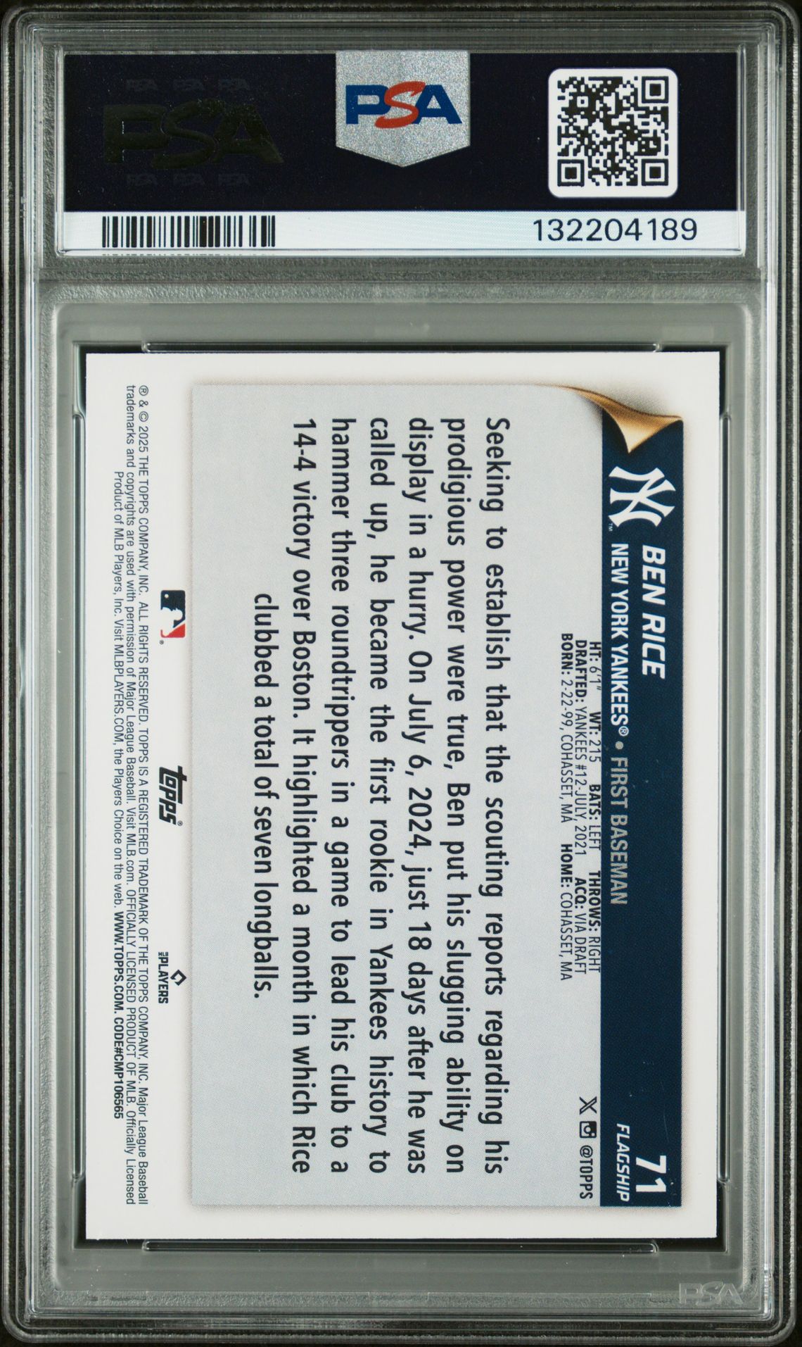 2025 Topps Flagship Collection Ben Rice #71 Gem Mt 10 back