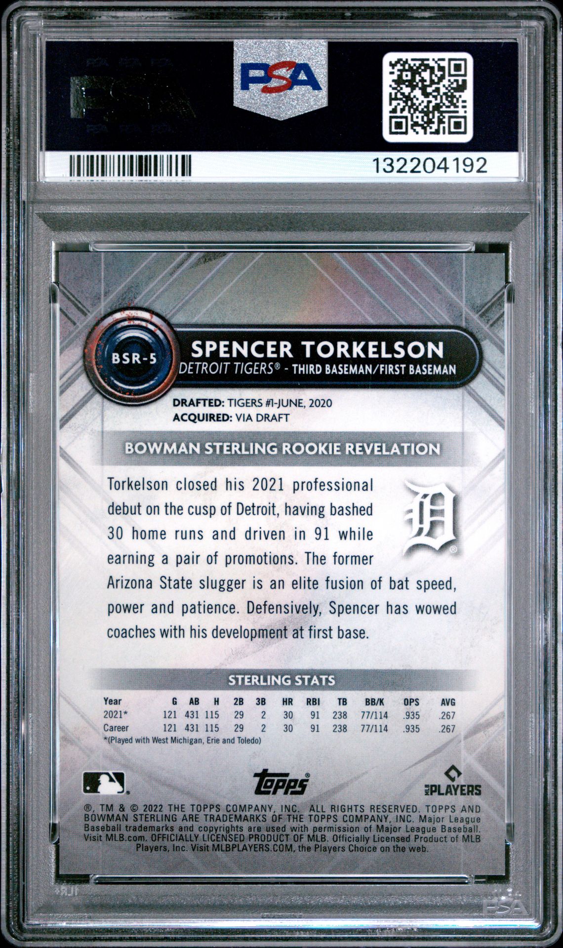 2022 Bowman Sterling Spencer Torkelson #Bsr5 (Red Refractor) Mint 9 back