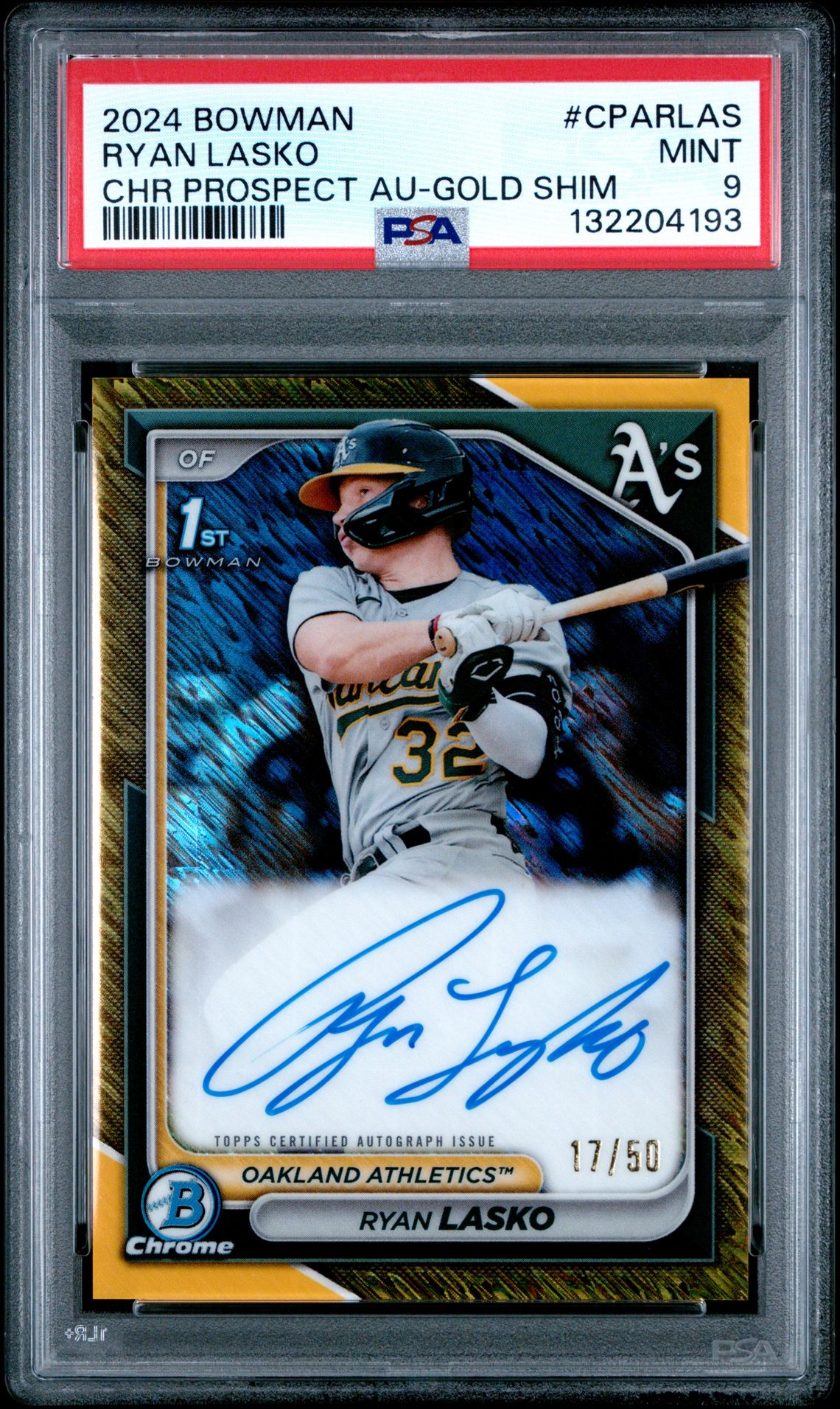 2024 Bowman Chrome Prospect Autographs Ryan Lasko #Cparlas (Chr Prospect Au-Gold Shim) Mint 9 front
