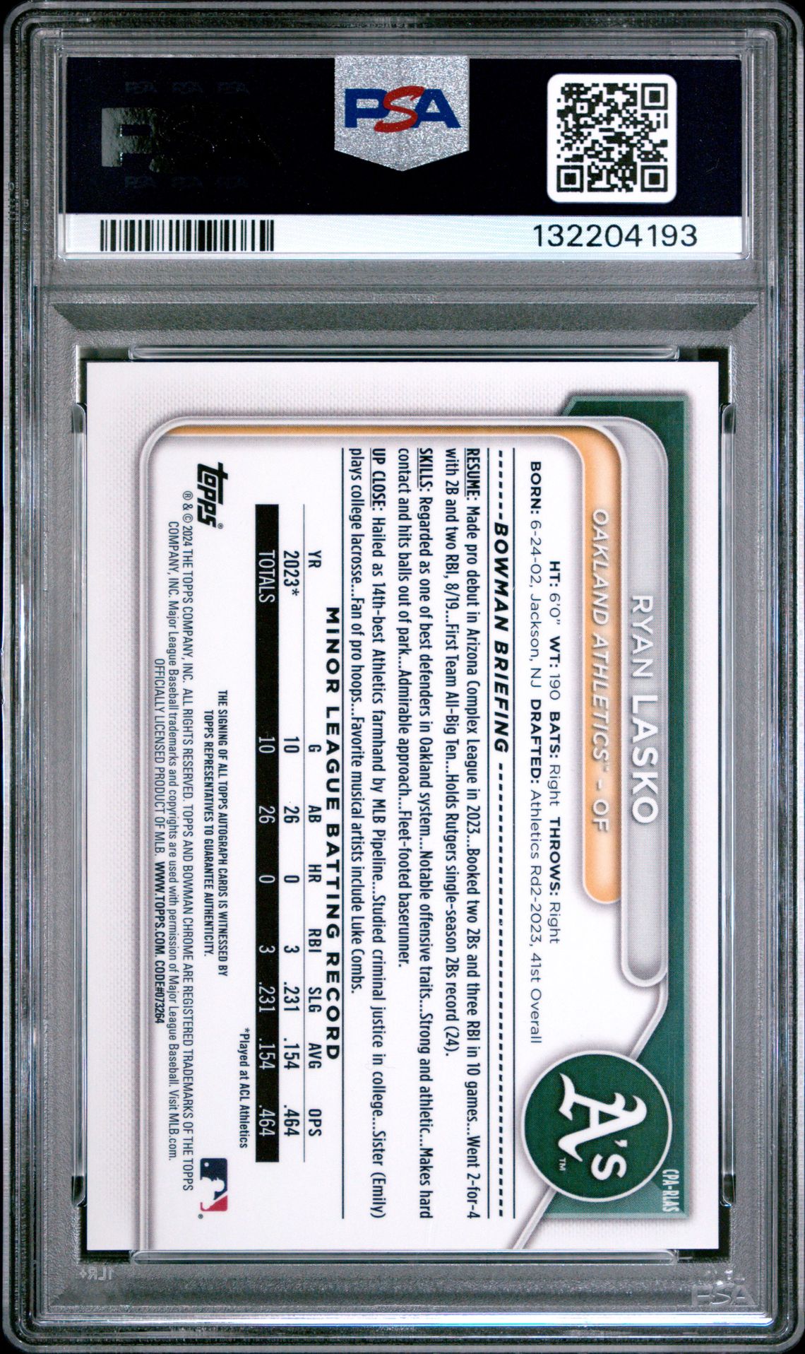 2024 Bowman Chrome Prospect Autographs Ryan Lasko #Cparlas (Chr Prospect Au-Gold Shim) Mint 9 back