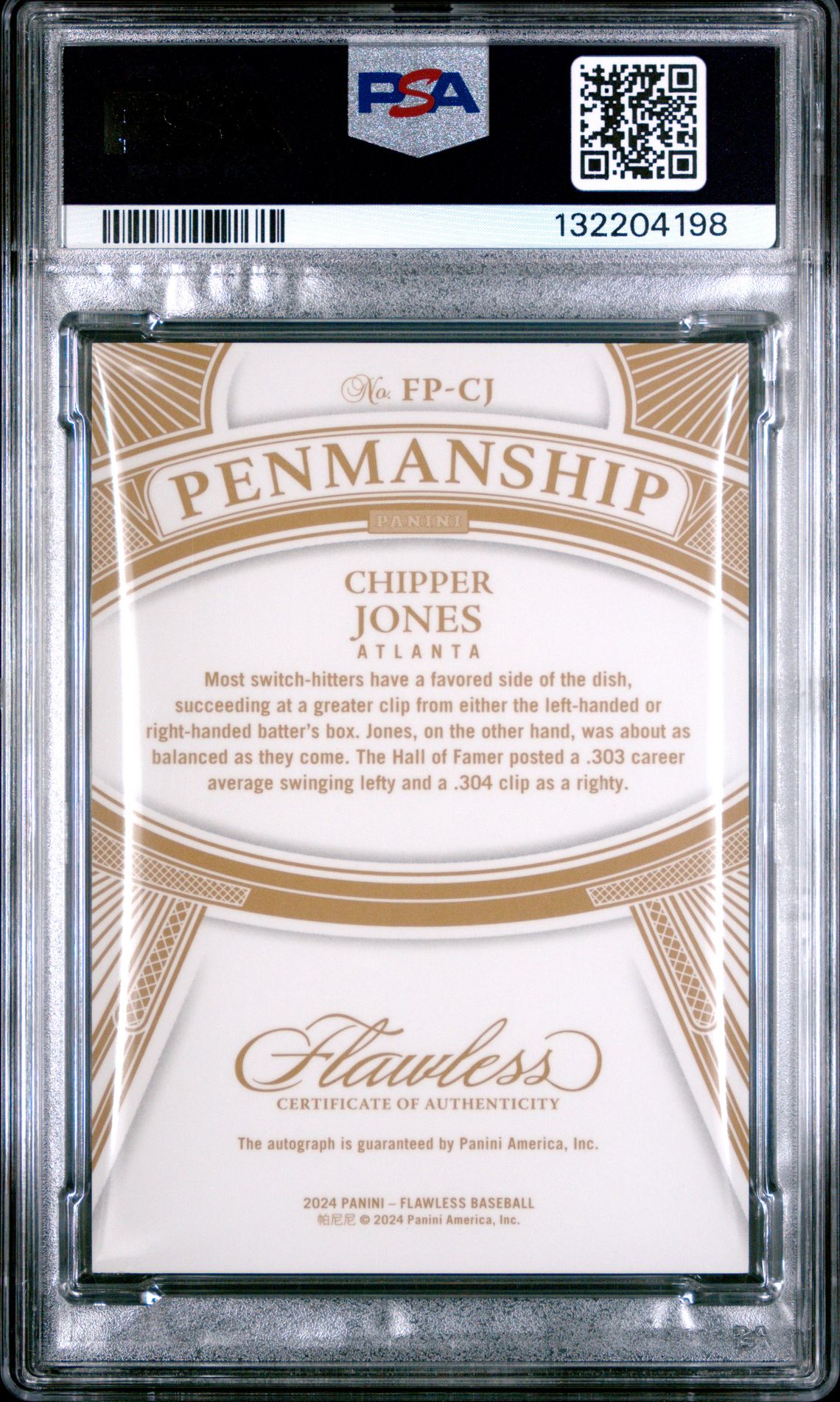 2024 Panini Flawless Flawless Penmanship Chipper Jones #Fpcj (Flawless Penmanship-Gold) Nm-Mt 8 back