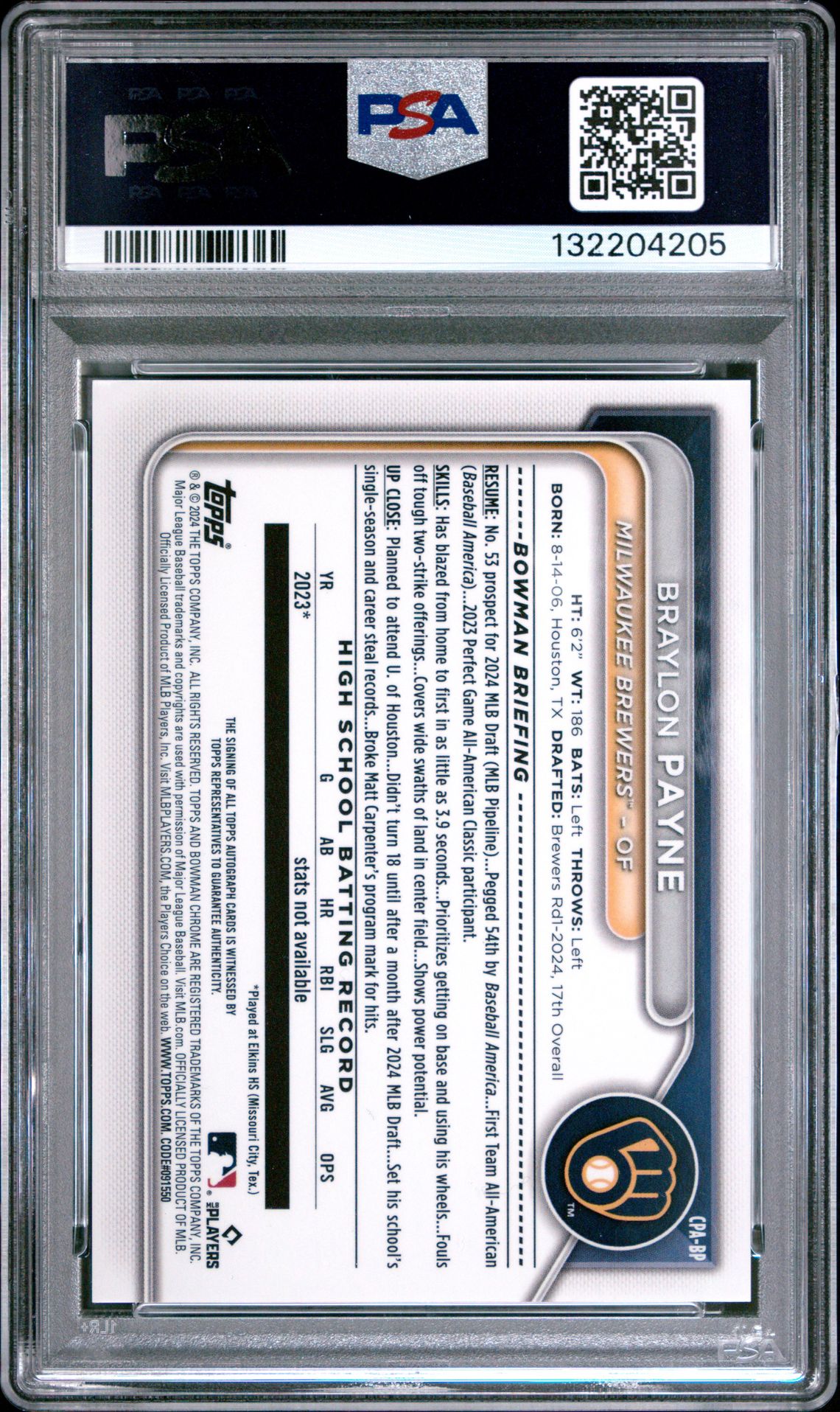 2024 Bowman Draft Chrome Prospect Autographs Braylon Payne #Cpabp (Chr Prospect Au-Aqua Lava) Gem Mt 10 back