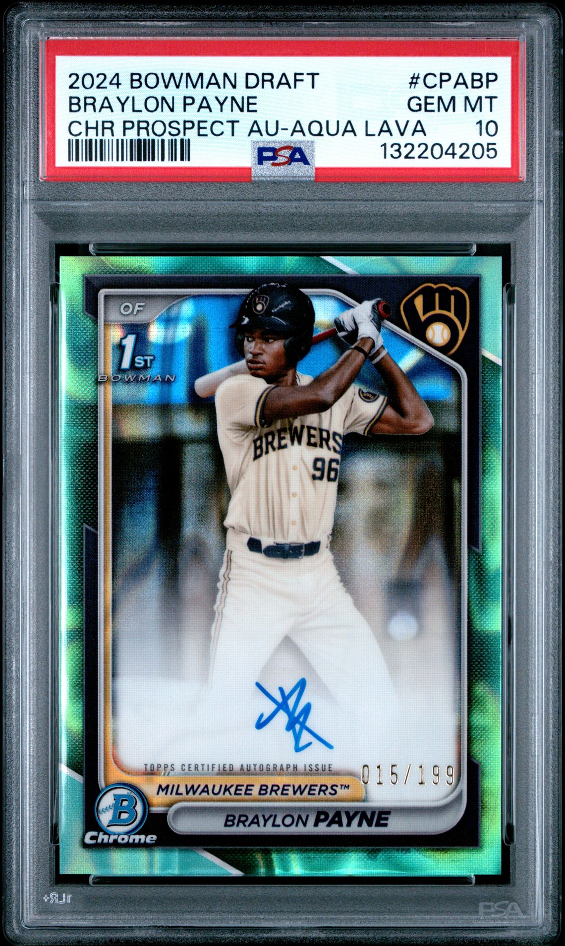 2024 Bowman Draft Chrome Prospect Autographs Braylon Payne #Cpabp (Chr Prospect Au-Aqua Lava) Gem Mt 10 front