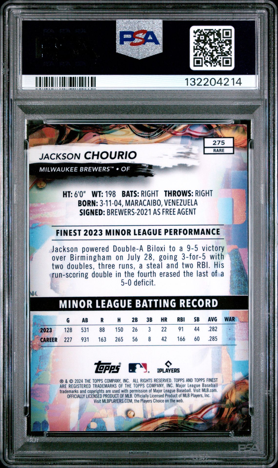 2024 Topps Finest Jackson Chourio #275 (Sky Blue Refractor) Mint 9 back